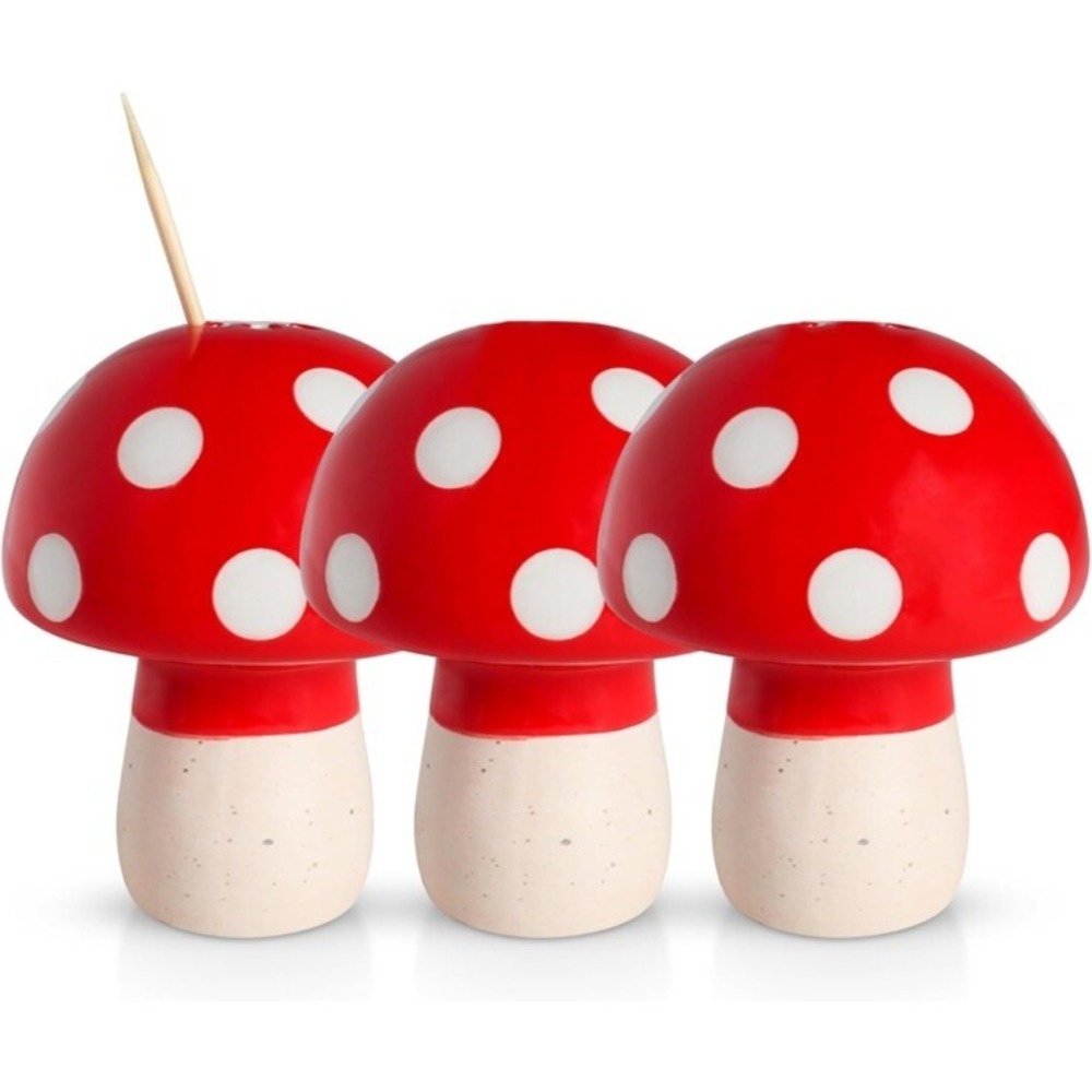 Mushroom Ceramic Salt & Pepper Shakers Red & White Polka Dots Toothpick Holder